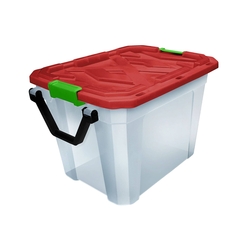 CAJA PLASTICA 88 L TRANSPARENTE CON TAPA ROJO Y RODO