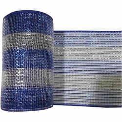 MALLA NAVIDAD 14 cm x 9.14 m AZUL-PLATA CON BRILLO